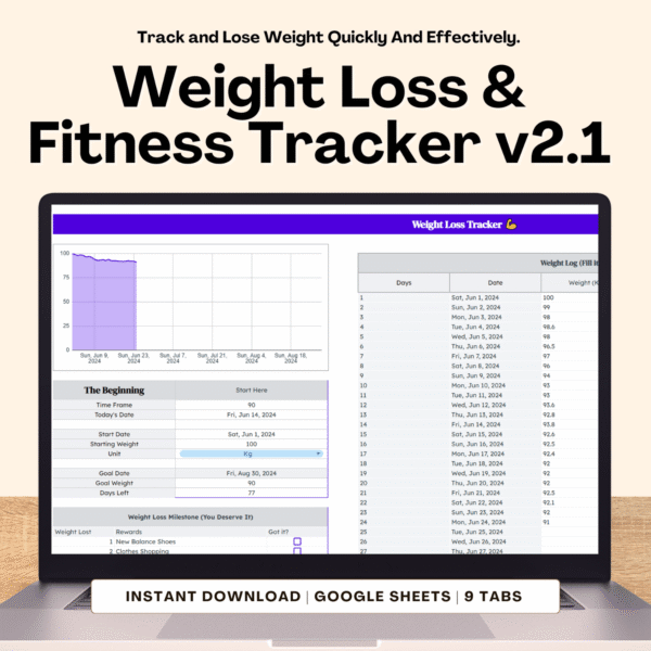 Weight Loss & Fitness Tracker v2.1 – Smart Spreadsheet for Goals, Habits & Progress (Google Sheets, Excel)